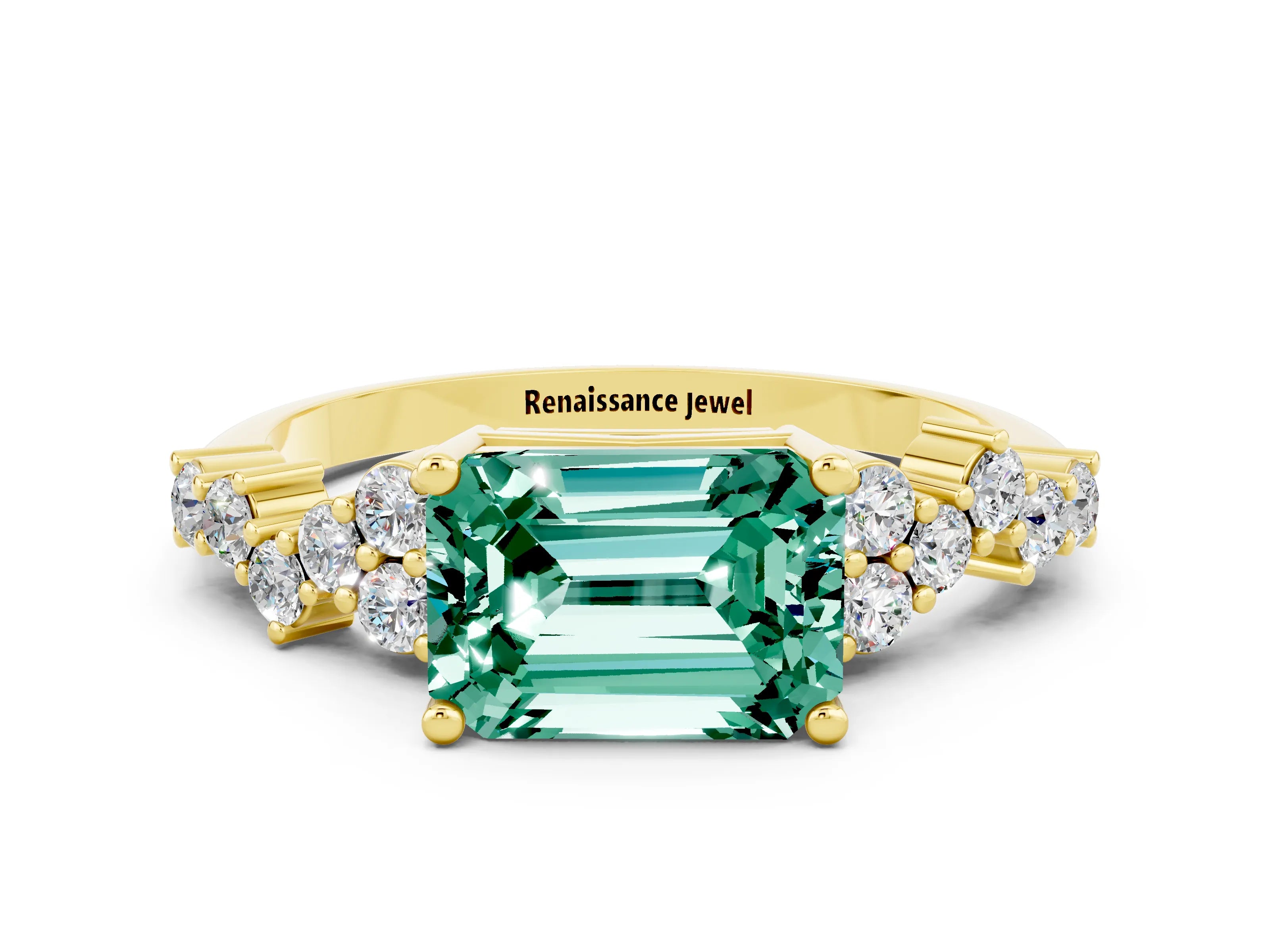 Yellow gold Emerald Cut Diamond Cluster Pavé Band with Four-Prong Setting