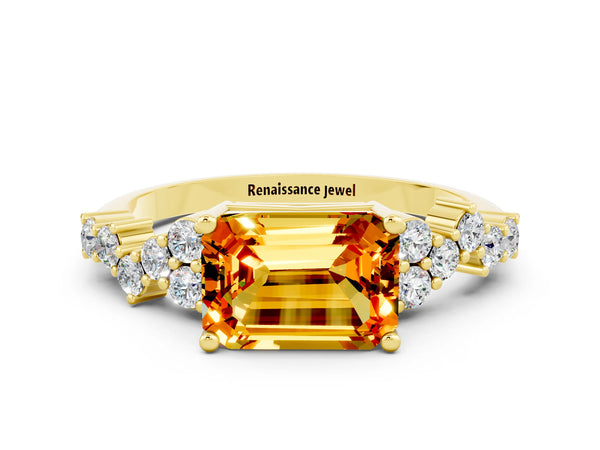 Yellow gold Emerald Cut Citrine Scattered Round Accent Ring with Prong Setting