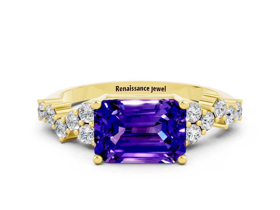 Yellow gold Emerald Cut Diamond Cluster Pavé Band with Four-Prong Setting
