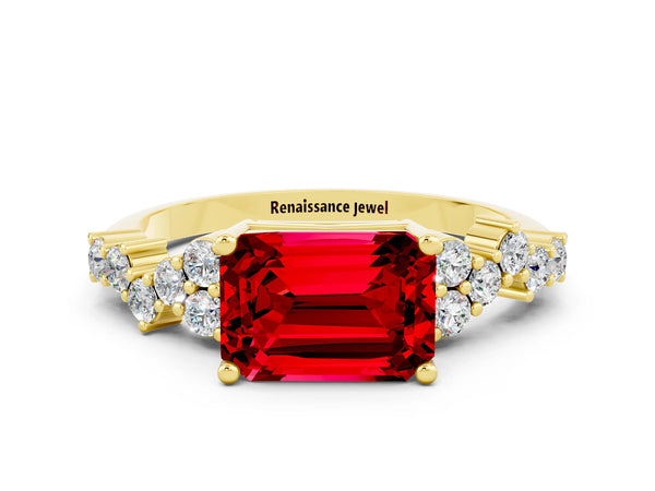 Yellow gold Emerald Cut Ruby Scattered Round Accent Ring with Prong Setting