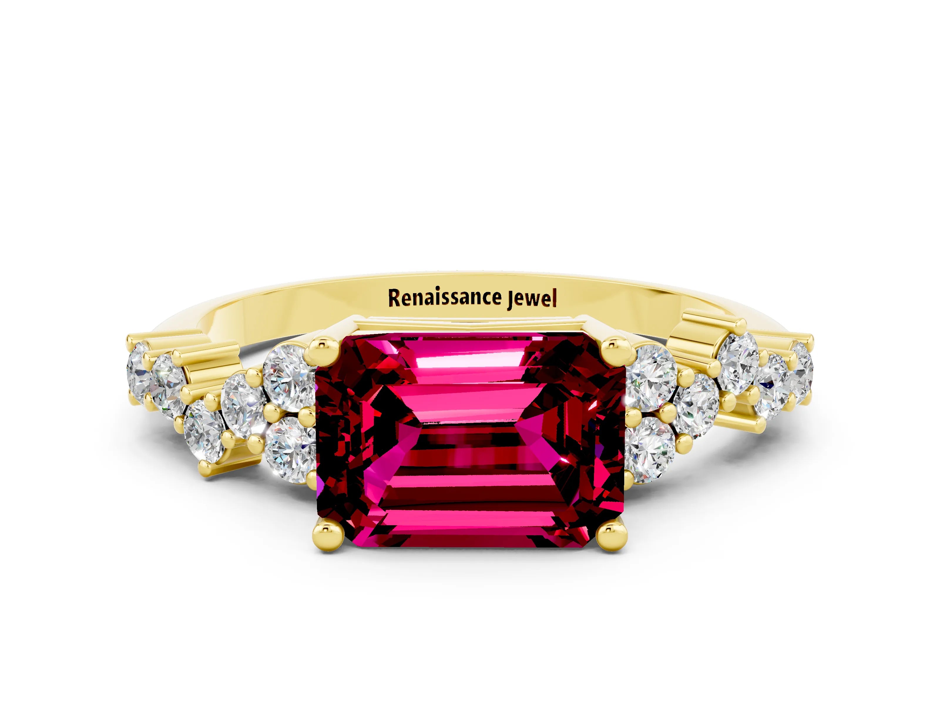 Yellow gold Emerald Cut Diamond Cluster Pavé Band with Four-Prong Setting