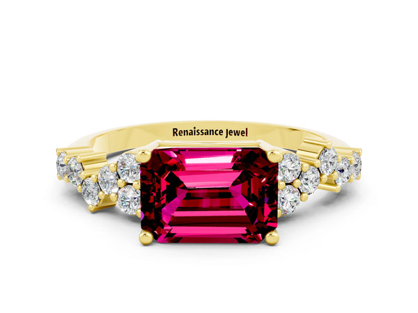 Yellow gold Emerald Cut Garnet Scattered Round Accent Ring with Prong Setting