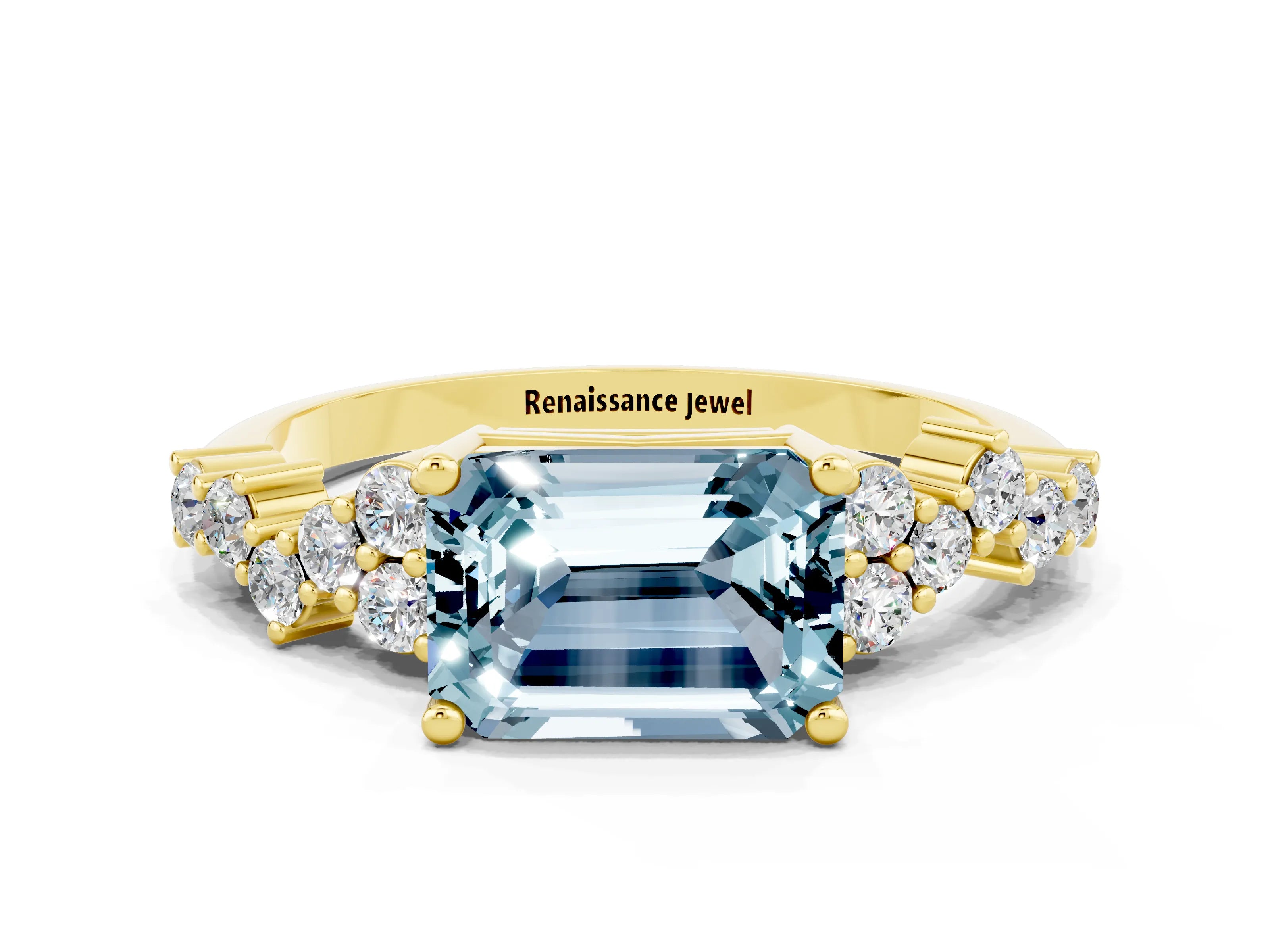 Yellow gold Emerald Cut Diamond Cluster Pavé Band with Four-Prong Setting