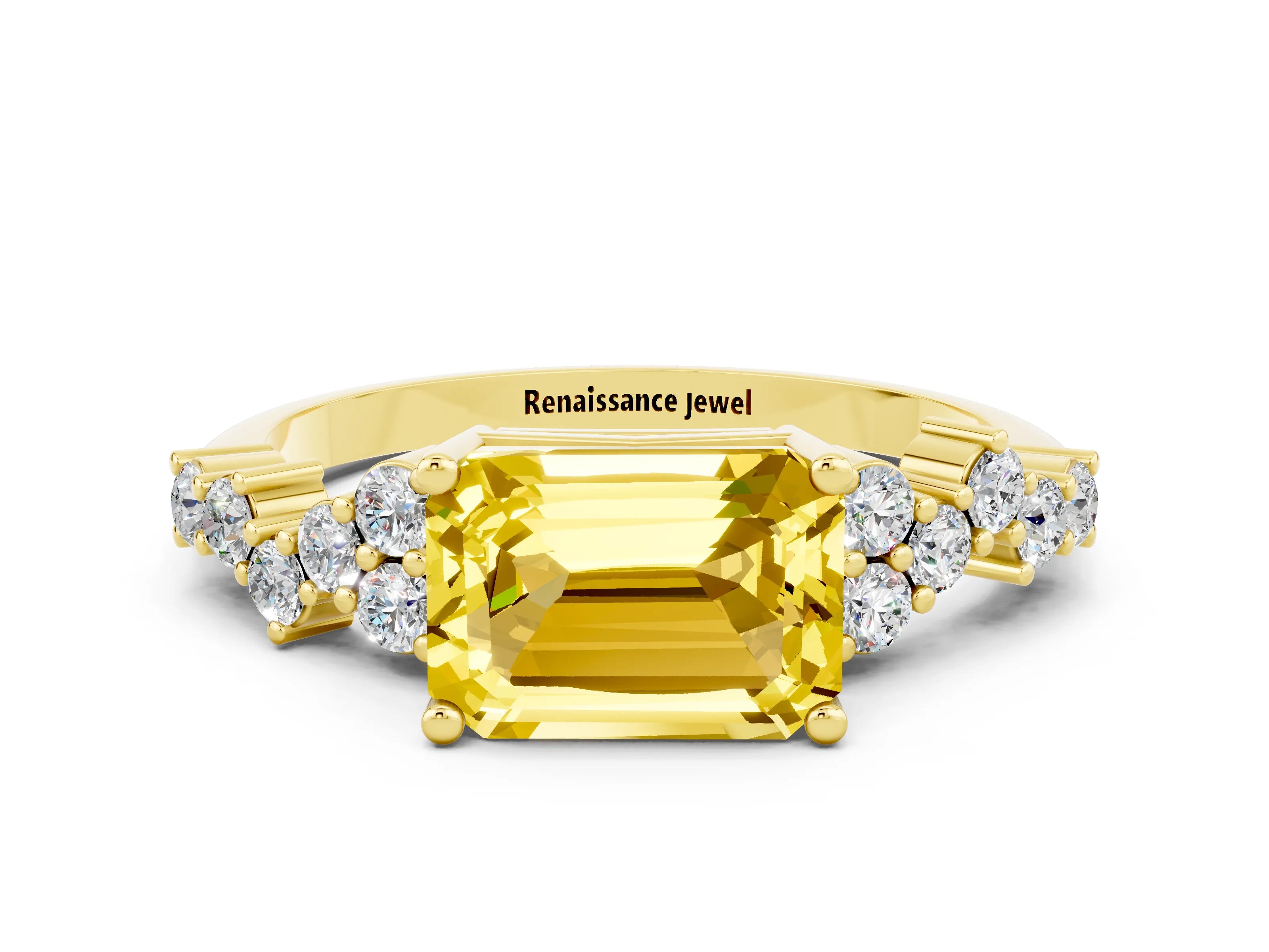 Yellow gold Emerald Cut Diamond Cluster Pavé Band with Four-Prong Setting