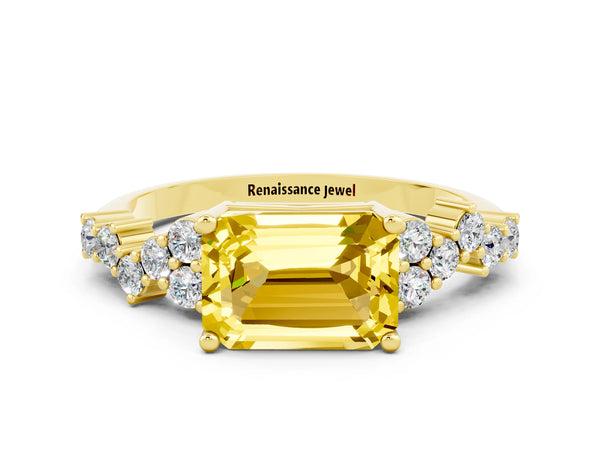 Yellow gold Emerald Cut Yellow Sapphire Scattered Round Accent Ring with Prong Setting