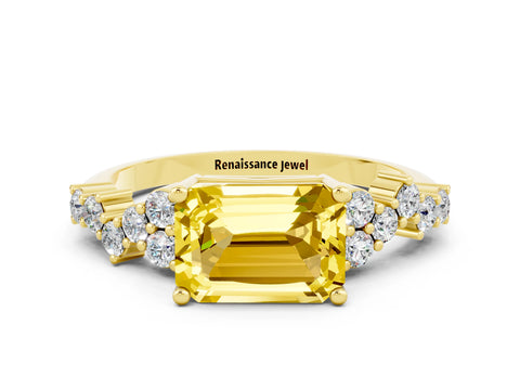 Yellow gold Emerald Cut Diamond Cluster Pavé Band with Four-Prong Setting