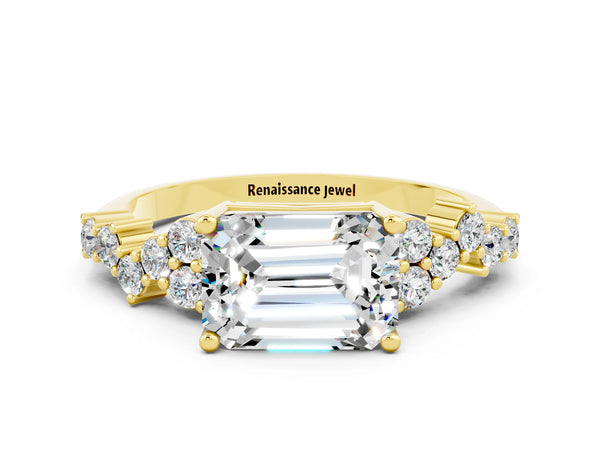 Yellow gold Emerald Cut Moissanite Scattered Round Accent Ring with Prong Setting