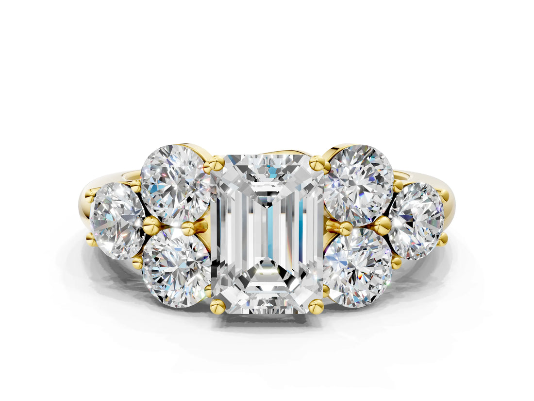 Yellow gold Emerald Cut Diamond Cluster Ring with Round Accent Stones and Prong Setting on a Classic Band_61