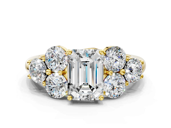 Yellow Gold Emerald Cut Cluster Engagement Ring Setting with Round Side Stone Trios and Plain Band