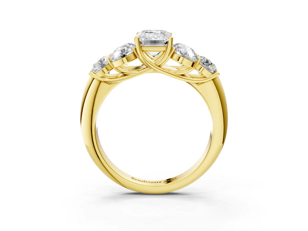Yellow Gold Emerald Cut Cluster Engagement Ring Setting with Round Side Stone Trios and Plain Band