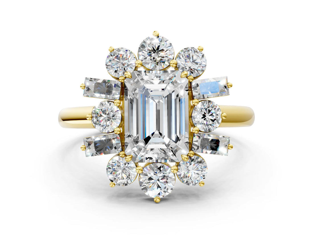 Yellow gold Emerald Cut Diamond Cluster Ring with Round and Baguette Stones, Split Shank Band, Prong Setting_3