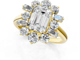 Yellow gold Emerald Cut Diamond Cluster Ring with Round and Baguette Stones, Split Shank Band, Prong Setting_4