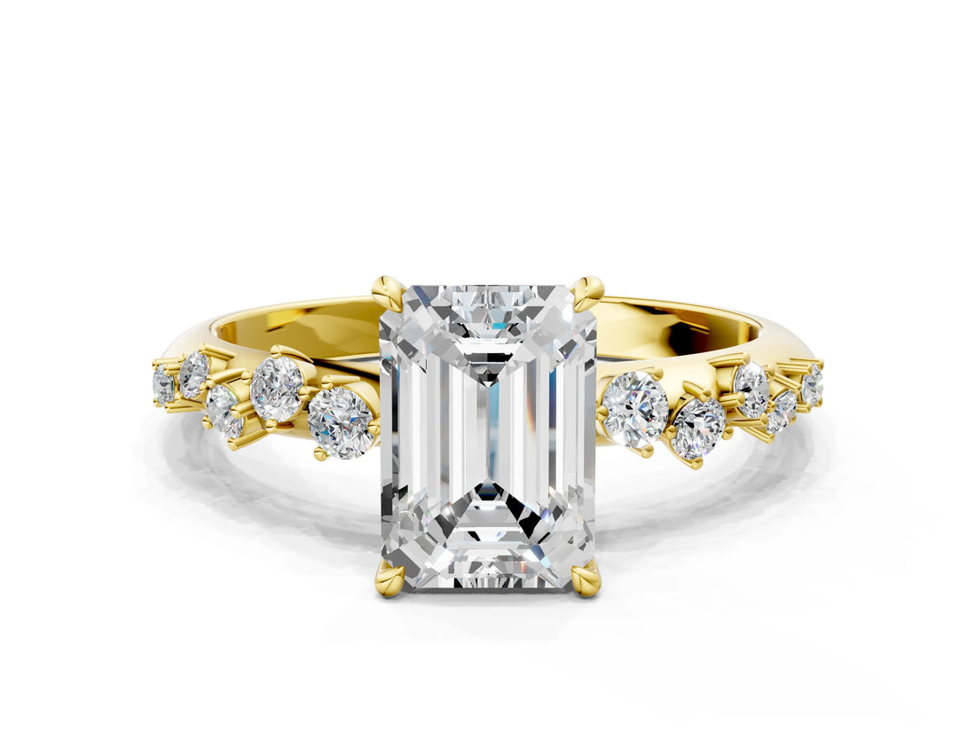 Yellow gold Emerald Cut Diamond Cluster Side Stone Solitaire Ring with Prong Setting_60