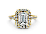 Yellow gold Emerald Cut Diamond Cushion Halo Ring with Pavé Band_15
