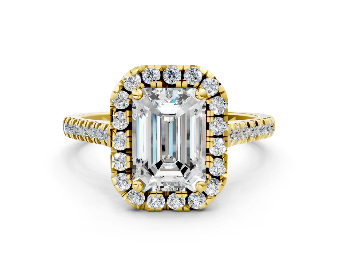 Yellow gold Emerald Cut Diamond Cushion Halo Ring with Pavé Band_3