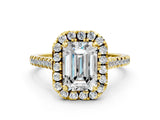 Yellow gold Emerald Cut Diamond Cushion Halo Ring with Pavé Band_3
