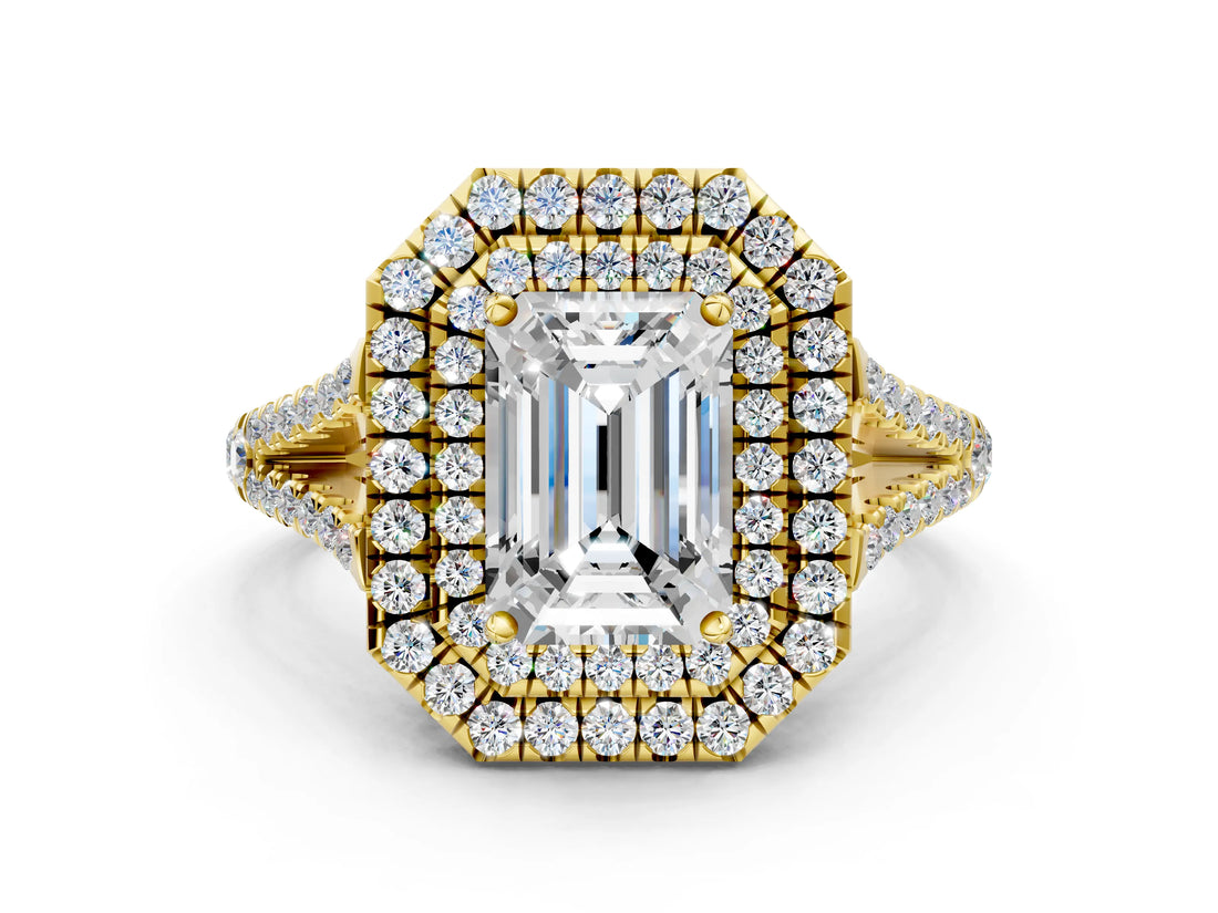 Yellow gold Emerald Cut Diamond Double Halo Ring with Pavé Band and Prong Setting_79