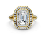 Yellow gold Emerald Cut Diamond Double Halo Ring with Pavé Band and Prong Setting_79