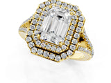 Yellow gold Emerald Cut Diamond Double Halo Ring with Pavé Band and Prong Setting_80