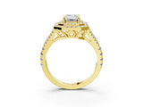 Yellow gold Emerald Cut Diamond Double Halo Ring with Pavé Band and Prong Setting_82