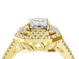 Yellow gold Emerald Cut Diamond Double Halo Ring with Pavé Band and Prong Setting_83
