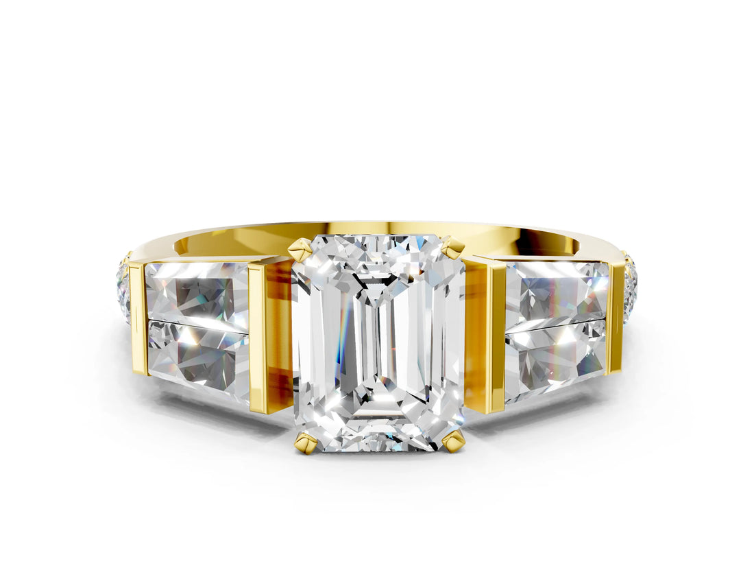Yellow gold Emerald Cut Diamond Engagement Ring with Baguette Side Stones and Channel Set Band_45
