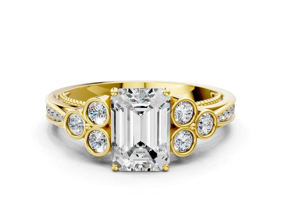 Yellow gold Emerald Cut Diamond Engagement Ring with Bezel Set Round Side Stones and Prong Setting_62
