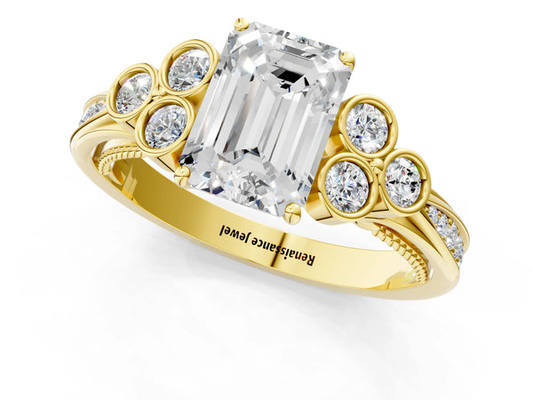 Yellow Gold Emerald Cut Engagement Ring Setting with Bezel-Set Shoulder Clusters