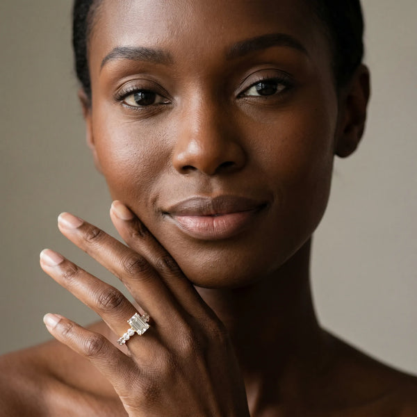 Yellow gold Emerald Cut Diamond Engagement Ring with Pavé Band and Four-Prong Setting