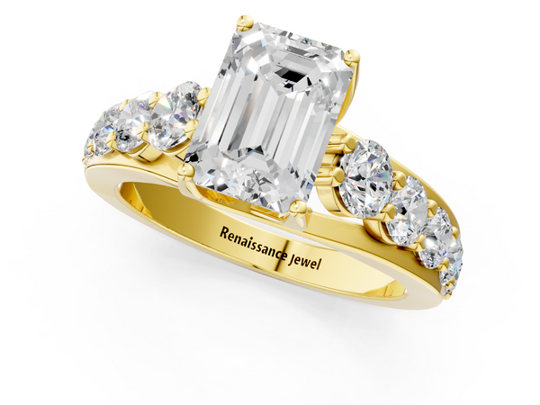Yellow gold Emerald Cut Diamond Engagement Ring with Pavé Band and Four-Prong Setting