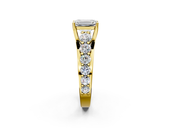 Yellow gold Emerald Cut Diamond Engagement Ring with Pavé Band and Four-Prong Setting