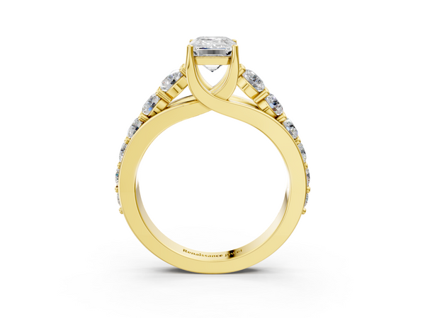 Yellow gold Emerald Cut Diamond Engagement Ring with Pavé Band and Four-Prong Setting
