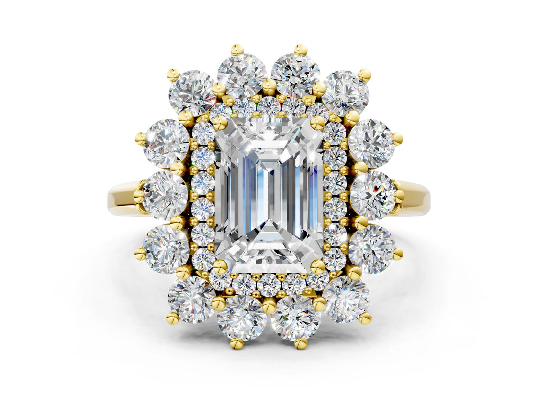 Yellow gold Emerald Cut Diamond Floral Double Halo Engagement Ring with Prong Setting_41