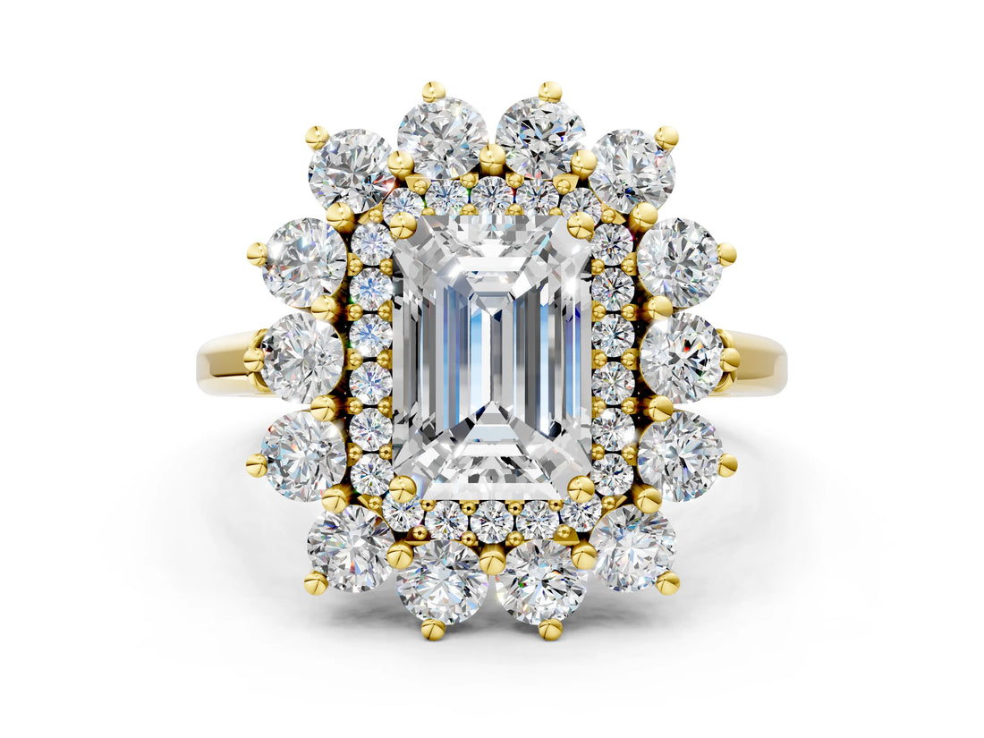 Yellow gold Emerald Cut Diamond Floral Double Halo Engagement Ring with Prong Setting_77