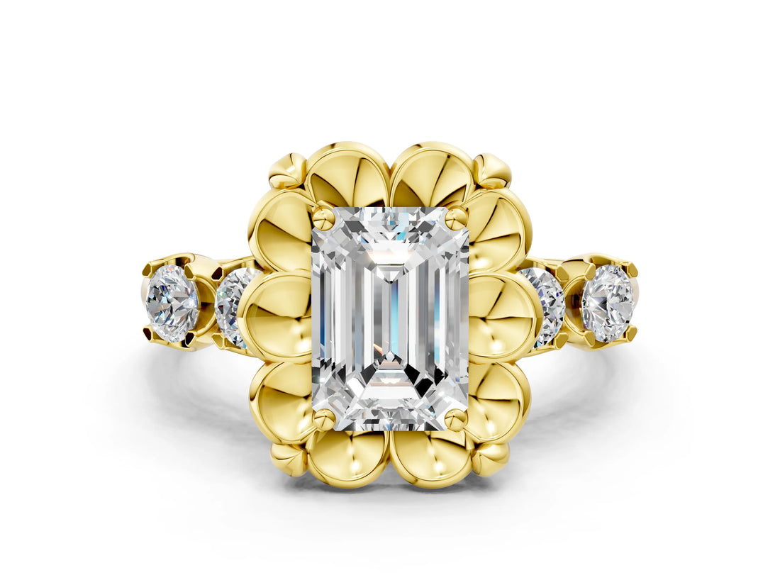 Yellow gold Emerald Cut Diamond Floral Halo Engagement Ring with Shared Prong Setting 1