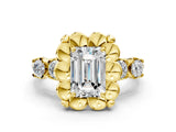 Yellow gold Emerald Cut Diamond Floral Halo Engagement Ring with Shared Prong Setting 1