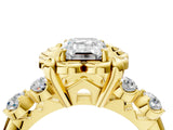 Yellow gold Emerald Cut Diamond Floral Halo Engagement Ring with Shared Prong Setting 5