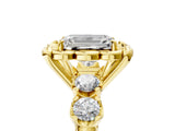 Yellow gold Emerald Cut Diamond Floral Halo Engagement Ring with Shared Prong Setting