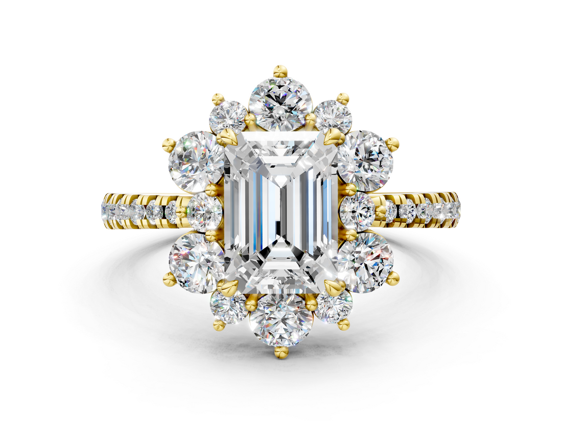 Yellow gold Emerald Cut Diamond Floral Halo Pave Band with Prong Setting_37