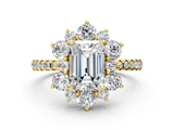 Yellow gold Emerald Cut Diamond Floral Halo Pave Band with Prong Setting_37