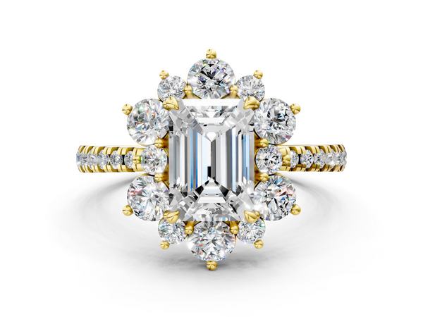 Yellow gold Emerald Cut Diamond Floral Halo Pave Band with Prong Setting