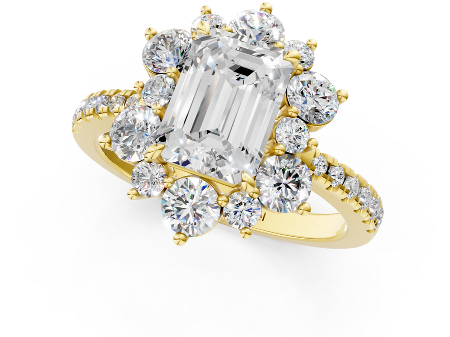 Yellow gold Emerald Cut Diamond Floral Halo Pave Band with Prong Setting