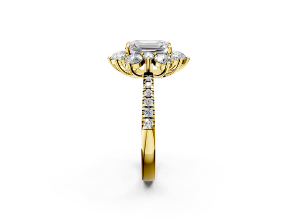 Yellow gold Emerald Cut Diamond Floral Halo Pave Band with Prong Setting
