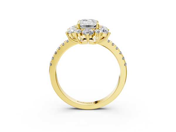 Yellow gold Emerald Cut Diamond Floral Halo Pave Band with Prong Setting