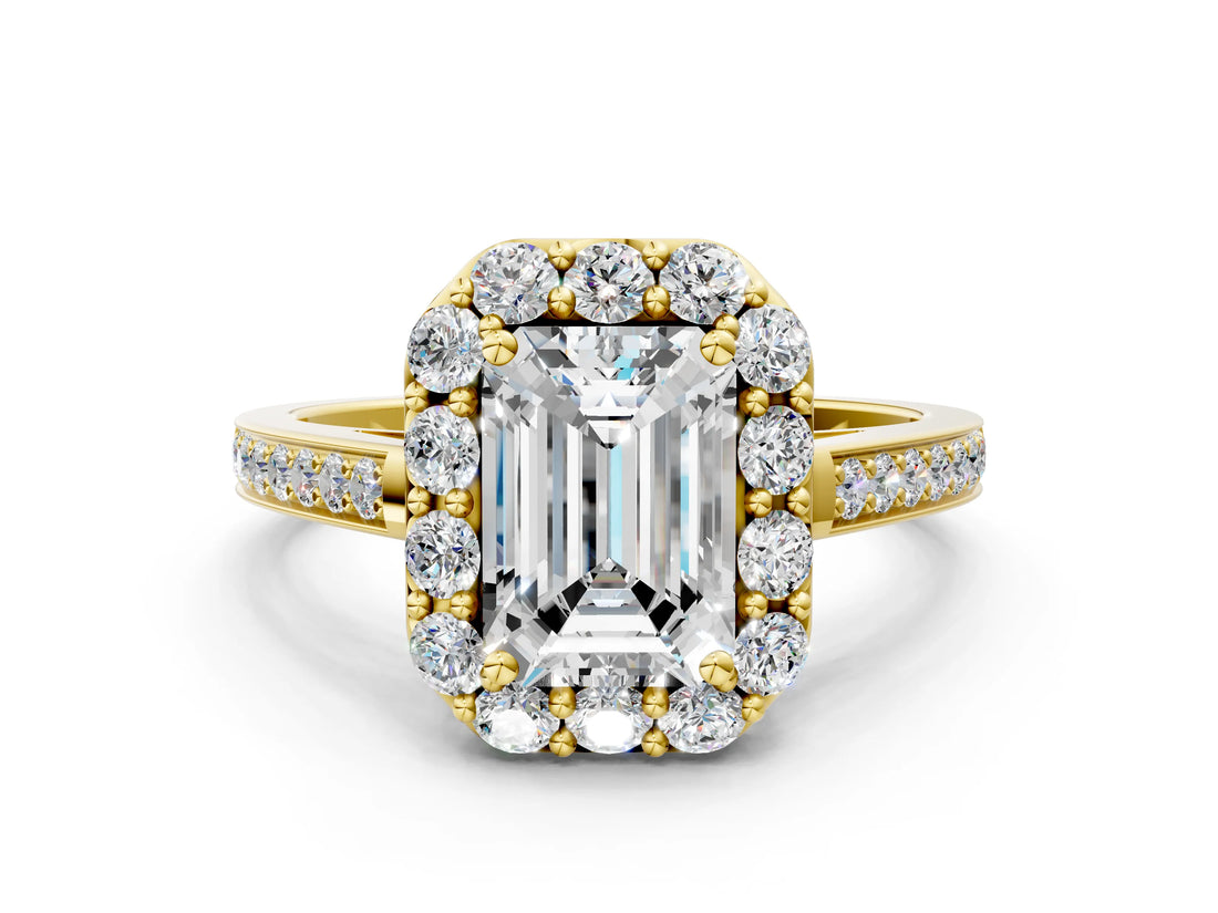 Yellow gold Emerald Cut Diamond Floral Halo Ring with Pavé Band and Prong Setting_3