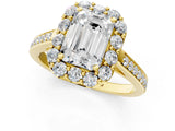 Yellow gold Emerald Cut Diamond Floral Halo Ring with Pavé Band and Prong Setting_4