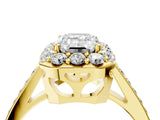 Yellow gold Emerald Cut Diamond Floral Halo Ring with Pavé Band and Prong Setting_7