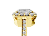 Yellow gold Emerald Cut Diamond Floral Halo Ring with Pavé Band and Prong Setting_8