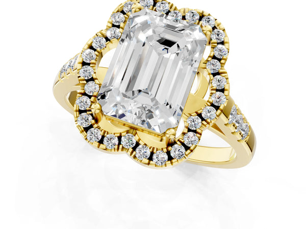 Yellow gold Emerald Cut Diamond Floral Halo Split Shank Prong Setting Ring