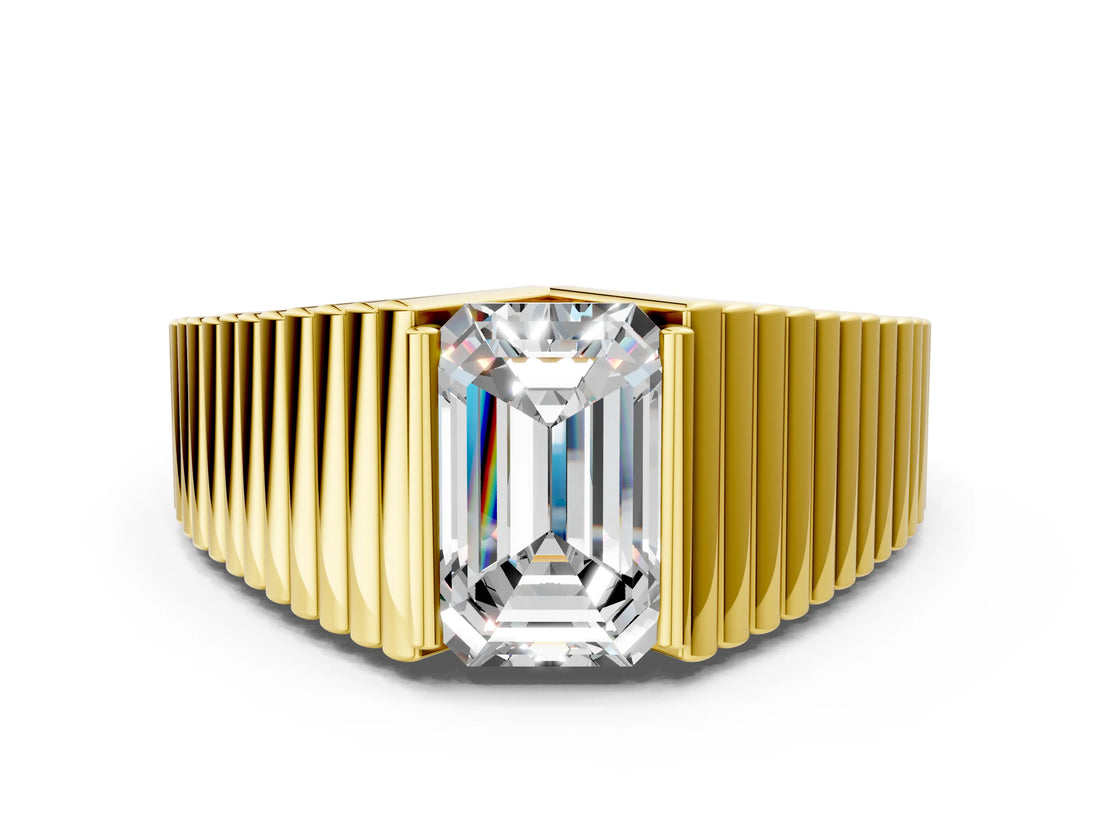 Yellow gold Emerald Cut Diamond Fluted Mens Ring_12
